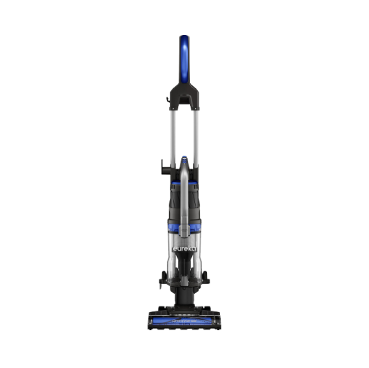 Upright vacuum cleaner with blue accents on a white background