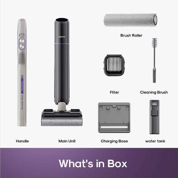 Product accessories layout on a white background with a purple label at the bottom reading 'What's in Box'. The image shows a cordless floor cleaner set including the handle, main unit, brush roller, filter, cleaning brush, charging base, and water tank, each labeled and arranged clearly.