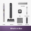 Product accessories layout on a white background with a purple label at the bottom reading 'What's in Box'. The image shows a cordless floor cleaner set including the handle, main unit, brush roller, filter, cleaning brush, charging base, and water tank, each labeled and arranged clearly.