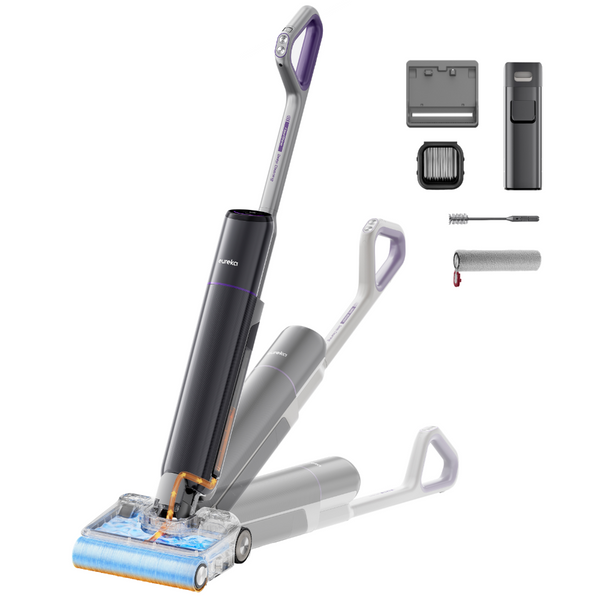 A cordless stick vacuum cleaner shown on a clean white background with several accessories arranged to the right, including a floor head attachment, brush head, filter, and a cleaning roller. The vacuum has a dark gray body with purple accents and a transparent lower section showing the brush roll and debris collection.