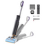 A cordless stick vacuum cleaner shown on a clean white background with several accessories arranged to the right, including a floor head attachment, brush head, filter, and a cleaning roller. The vacuum has a dark gray body with purple accents and a transparent lower section showing the brush roll and debris collection.