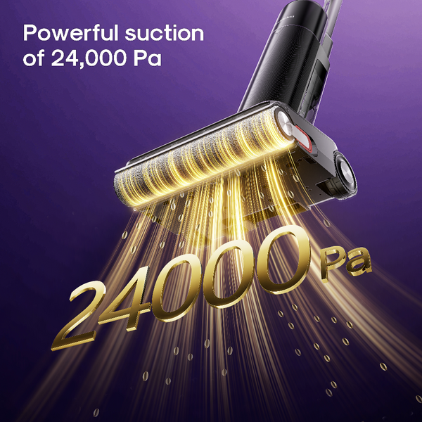 A cordless vacuum cleaner shown at an angle against a purple gradient background, with glowing golden airflow lines and large text reading '24000 Pa' and 'Powerful suction of 24,000 Pa.' No person, animal, or real environment is present, so this is Product/Packaging rather than Lifestyle.