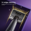 Close-up of a vacuum cleaner head with a dark gray body and metallic silver trim, shown inside a purple room corner with glowing gold light lines and the text 'tri-edge cleaning' and 'True zero-edge reach, one pass along walls & corners.'.
