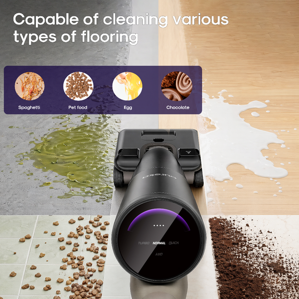 A black cordless floor cleaner is shown on a split background with text reading 'Capable of cleaning various types of flooring' and a purple panel showing examples of stains and foods it can clean, including spaghetti, pet food, egg, and chocolate.