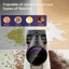 A black cordless floor cleaner is shown on a split background with text reading 'Capable of cleaning various types of flooring' and a purple panel showing examples of stains and foods it can clean, including spaghetti, pet food, egg, and chocolate.