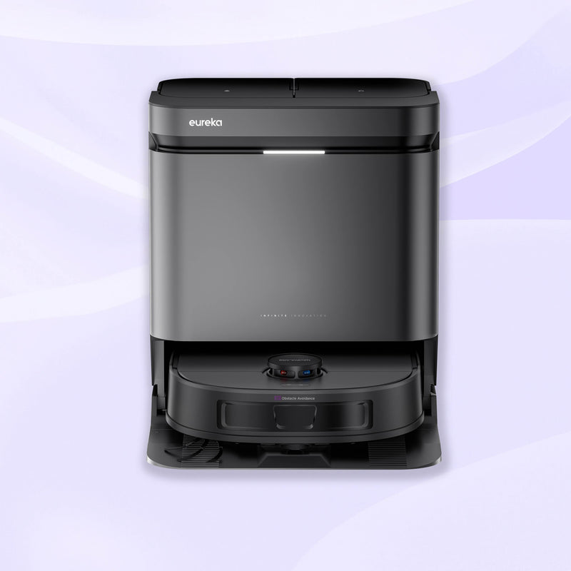 Black Eureka robot vacuum cleaner on a white background