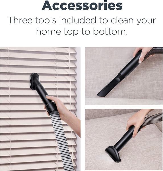 Vacuum cleaner attachments being used to clean blinds and a carpet.
