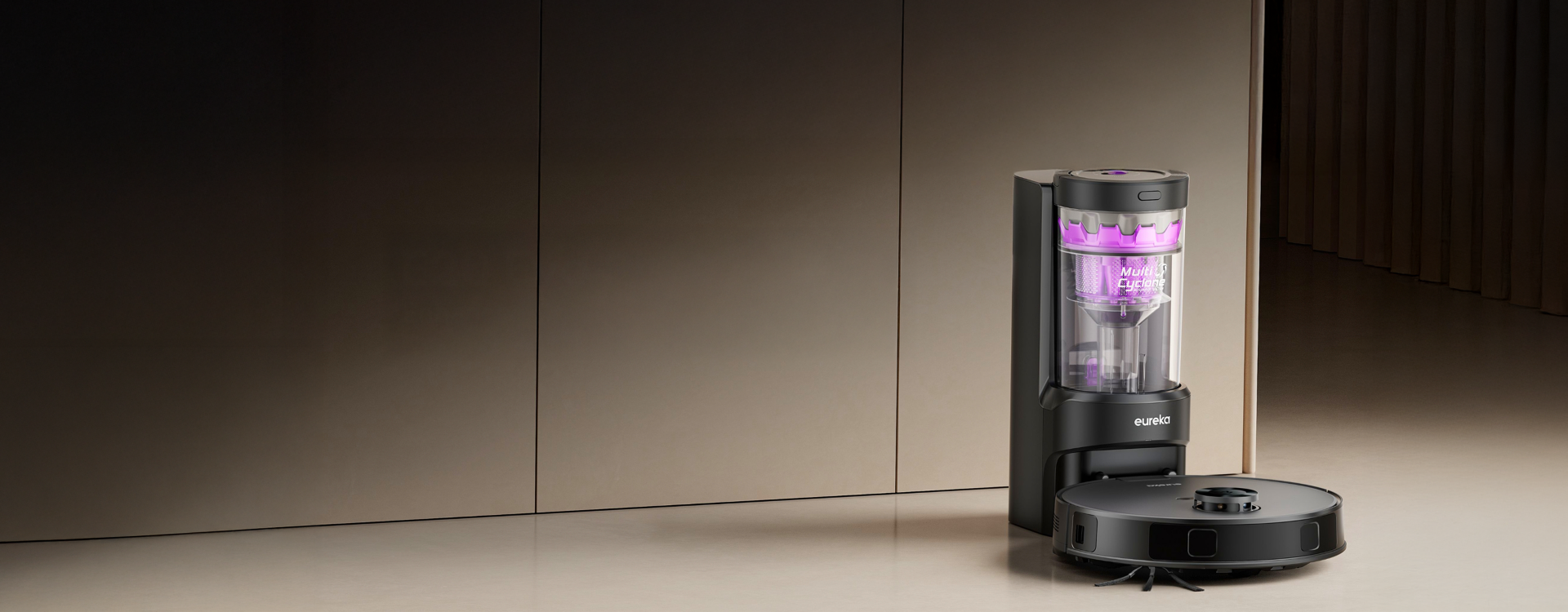 Robotic vacuum cleaner with a dock station on a floor.