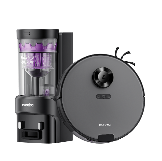 Eureka robot vacuum cleaner and filter on a white background
