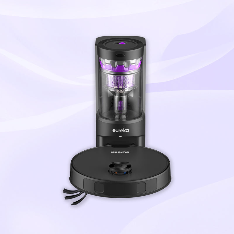 Eureka robot vacuum cleaner with a clear cylindrical component on a white background