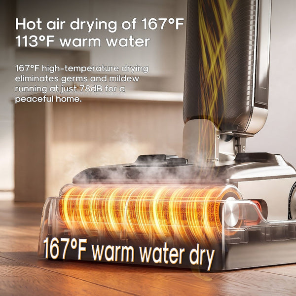 A cordless stick vacuum cleaner shown on a wooden floor with overlaid marketing text about hot air drying at 167°F and warm water drying at 113°F. The vacuum head is close to the floor, with steam or heat effects visible and glowing orange graphic rings emphasizing the drying feature.