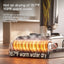 A cordless stick vacuum cleaner shown on a wooden floor with overlaid marketing text about hot air drying at 167°F and warm water drying at 113°F. The vacuum head is close to the floor, with steam or heat effects visible and glowing orange graphic rings emphasizing the drying feature.